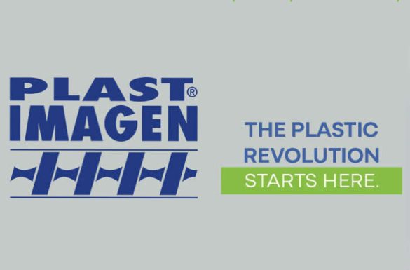 Promotional banner for Plast Imagen 2026: blue logo left, slogan 'The Plastic Revolution Starts Here,' and a green date circle over blue mountain artwork on the right.